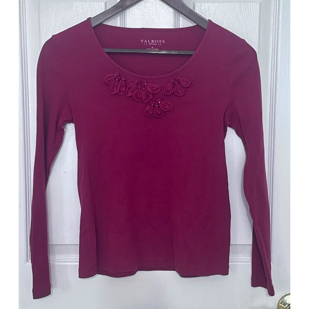 Talbots Top Womens PS Red Petite Cotton‎ Long Sleeve Applique T-Shirt Scoop Neck